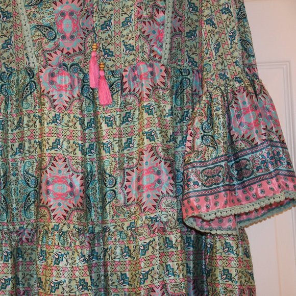 Bohemian Style Print Dress Bell Sleeve V-Neck Tassels Ribbon Made in India OS - Picture 8 of 14